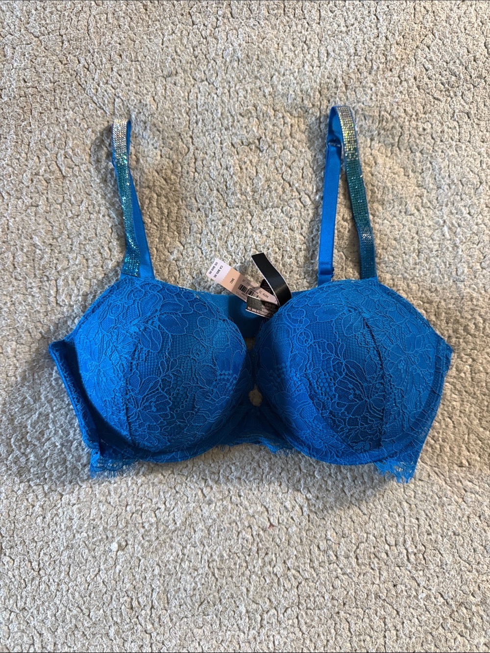 Victoria's Secret Royal Blue Lace Push-Up Bra with Rhinestone Straps 36C